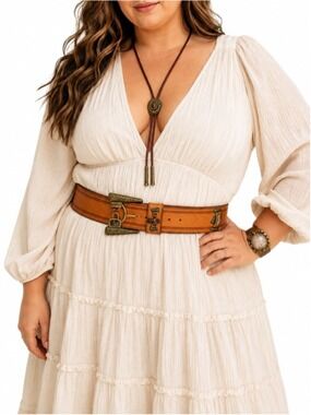 MINORONZONI Italian Vintage Leather Belt, Caramel Tan, Large Western Buckle, XL